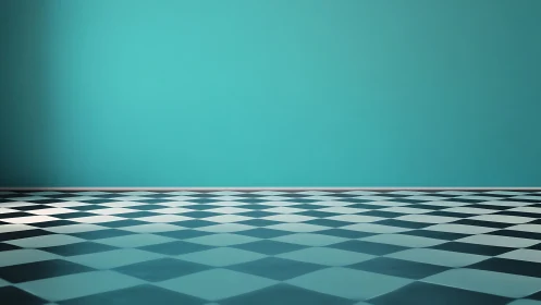 Calm teal room with playful checkerboard floor perspective.