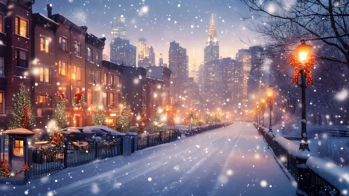 Snowy city street glowing with cozy holiday lights at dusk.