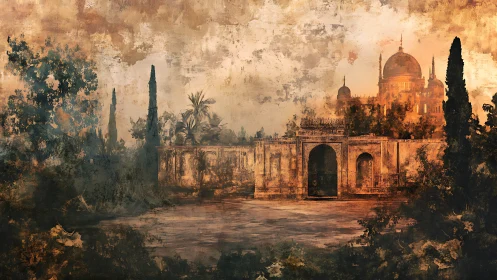 Sunlit domed palace beyond weathered garden walls at dusk.