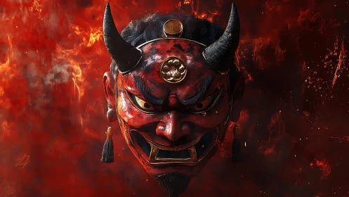 Demonic oni mask emerging from swirling digital flames.