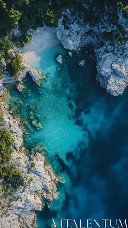 Turquoise cove hugs rocky coastline with secluded sandy beach