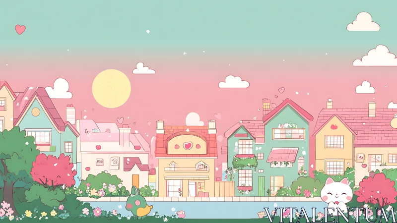 Cozy pastel neighborhood with cute friends enjoying sunset.