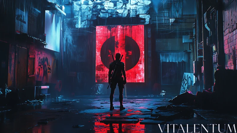Lone cyberpunk warrior faces neon shrine in rainy alley.