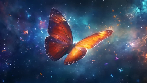 Orange butterfly glows in deep blue nebula filled starfield
