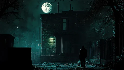 Noir moonlit alley with solitary figure in digital chiaroscuro.