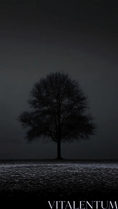 Solitary winter tree forms stark nocturnal landscape silhouette