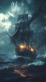 Storm-tossed ghost galleon drags burning dawn across waves