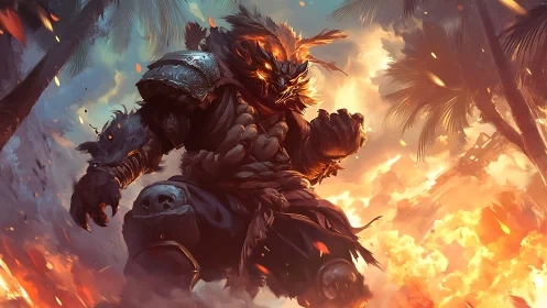 Molten jungle warlord strides through fire with fierce resolve