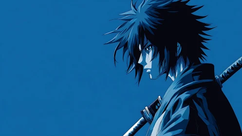 Brooding midnight swordsman against a silent blue horizon.