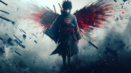 Shadow rogue with blood-red wings cleaves the storm sky.