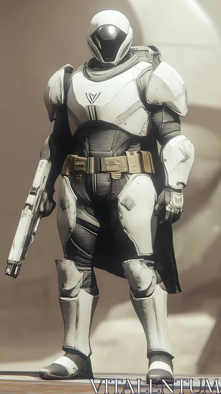 Armored sci fi sentinel stands ready in soft desert light