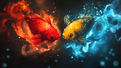 Bipolar fluid dynamics in dueling elemental koi forms.