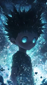 Starry-eyed child glowing in a storm of blue light.