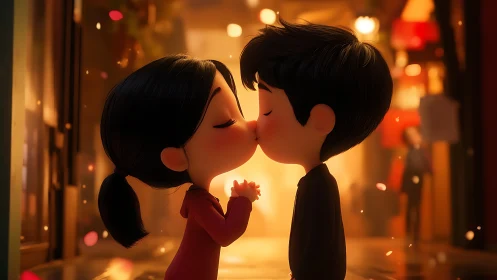 Two figures kiss in warmly lit urban alley.