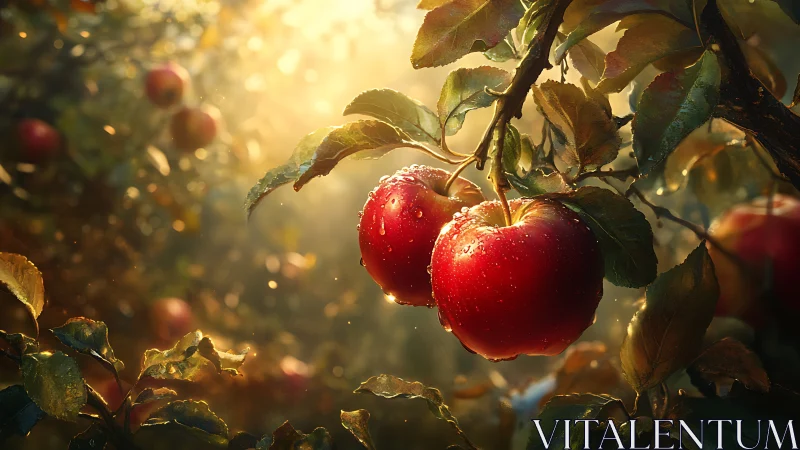 Sunlit orchard apples glowing with morning dewdrops.