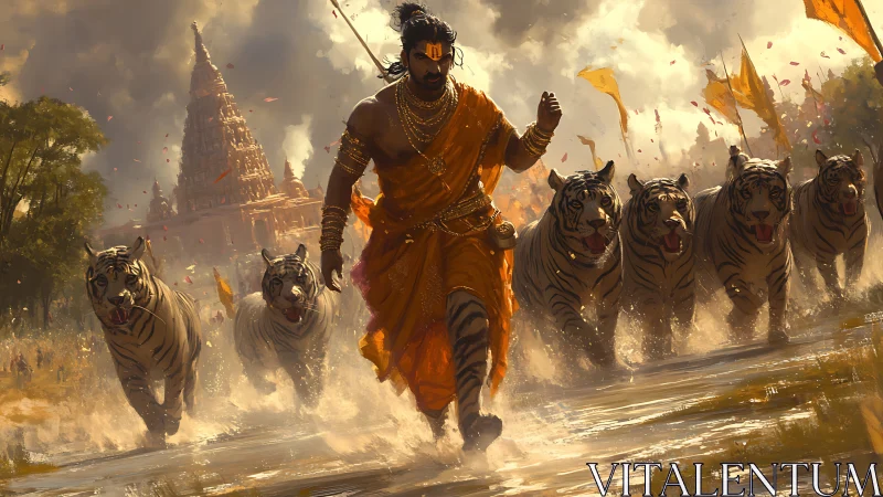Warrior in saffron robes runs with tigers before temple