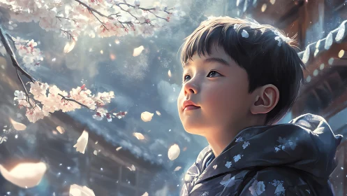 Child gazes at drifting cherry blossoms in soft spring light