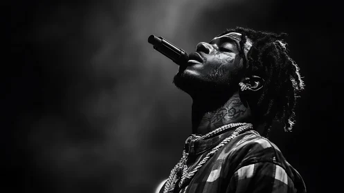 Black and white singer portrait captures intense live moment