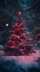 Snowy Christmas tree glows softly under a winter night sky