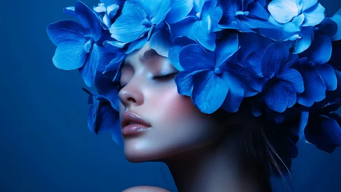 Profile portrait of woman with blue hydrangea headpiece.