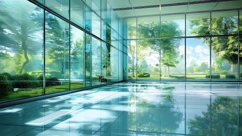 Modern glass hall opening to bright green park view.