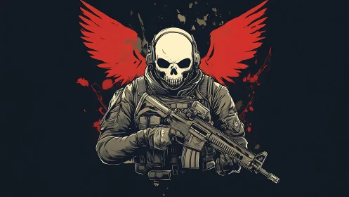 Skull-headed commando with blood-red wings in combat stance.