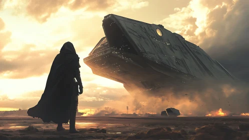 Cloaked wanderer before colossal starship wreck at dusk.