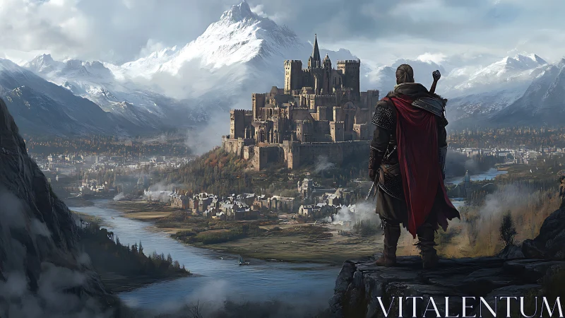 Armored knight overlooking fortified riverside citadel at dawn