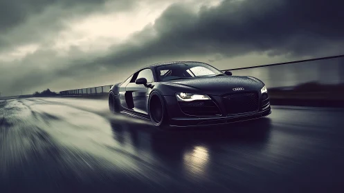 Aerodynamic black sports coupe on rain-slicked highway at speed.