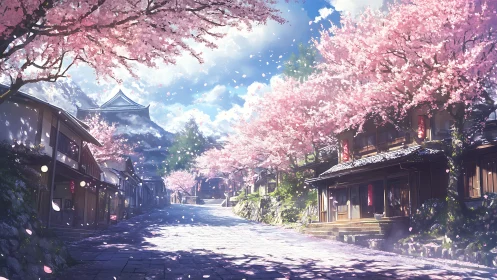 Digital painting of sakura-lined Japanese village street in spring.