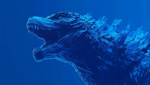 Monochrome blue reptilian kaiju profile with jagged dorsal fins.