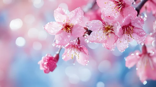 Cherry Blossom Clusters with Crystalline Water Droplets in Shallow Focus Depth