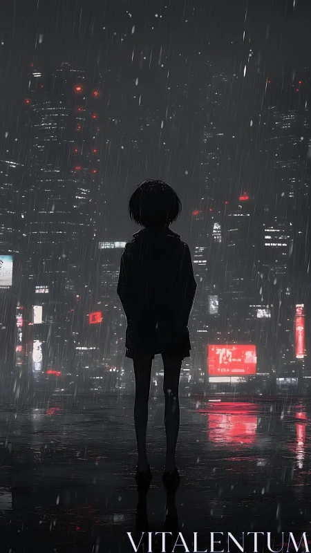 Silhouetted figure observes neon cityscape in heavy nocturnal rain