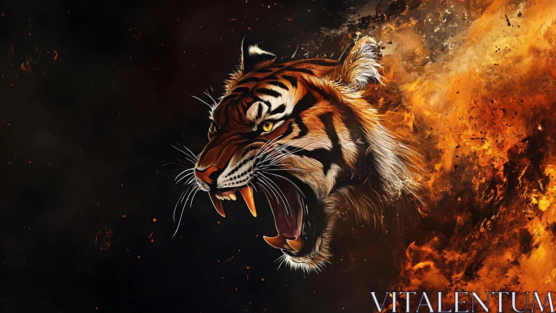 Fiery tiger spirit roars boldly from swirling orange flames