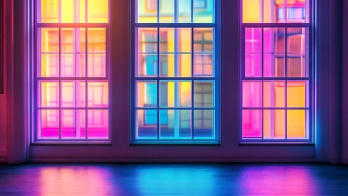 Prismatic window grids cast neon light across hardwood floor.