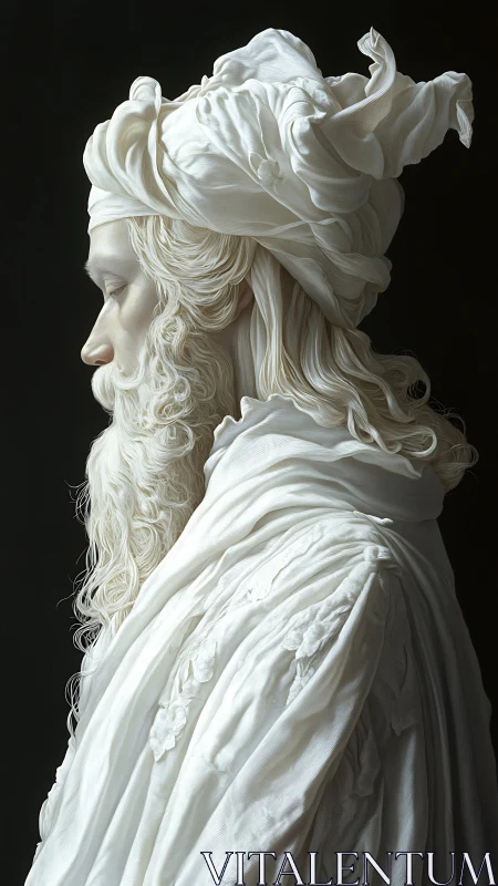Graceful robed elder in white stands in quiet side profile
