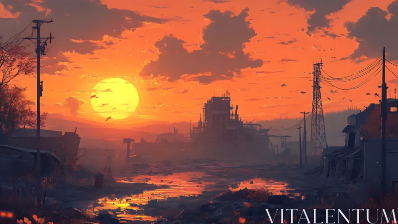 Sunset floods post apocalyptic industrial wasteland.