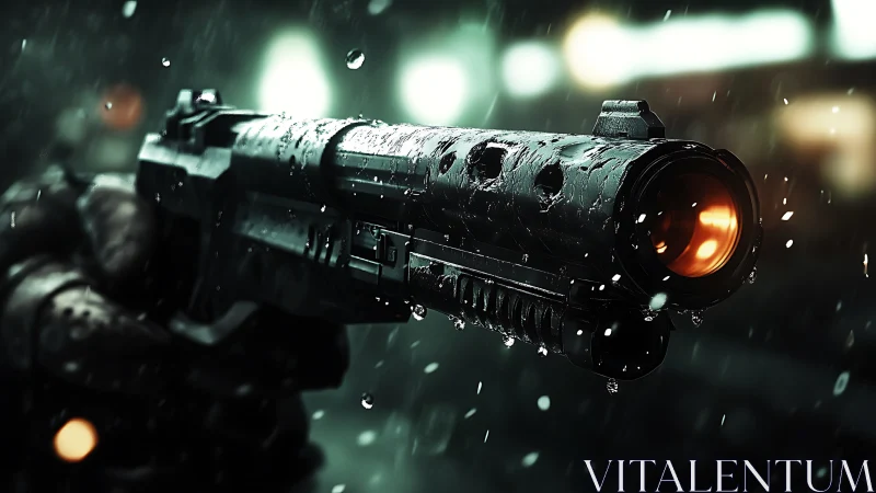 Futuristic handgun close-up under rain in low light.