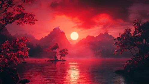Crimson twilight lake with misty mountains and radiant sun.