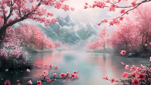 Infrareal alpine lake under saturated sakura bloom canopy.