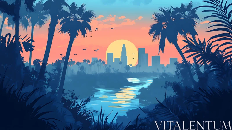 Sunlit city skyline glows beyond tranquil tropical river
