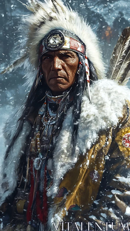 Snow-laden elder warrior in ornate feathered headdress.