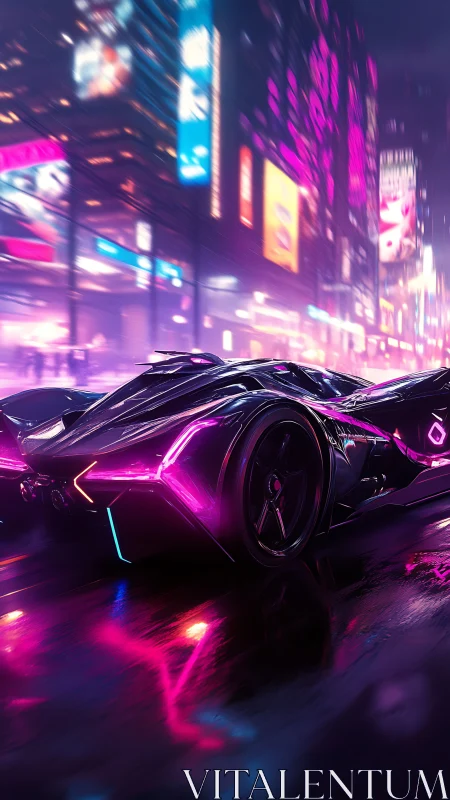 Futuristic sports car under neon lights in wet city street.