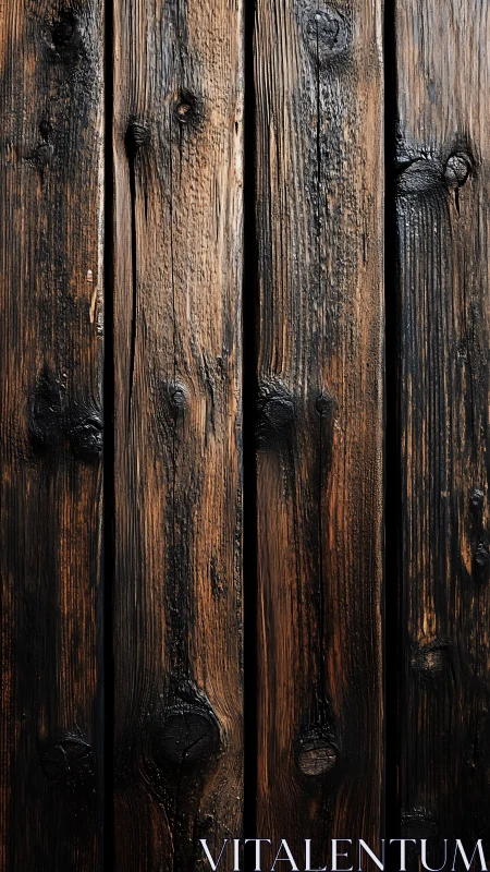 Burnt wooden planks show dark charring and visible knots