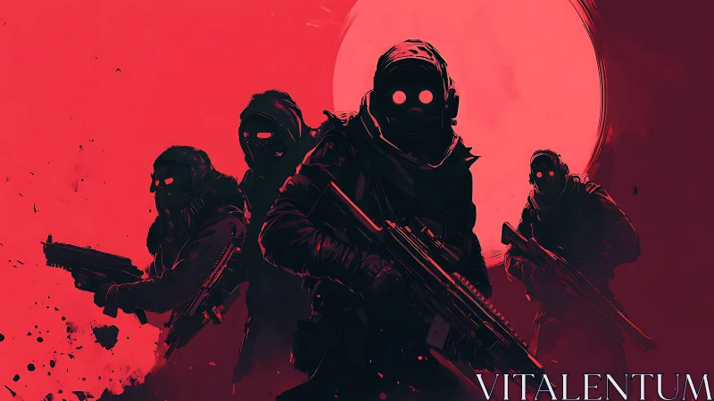 Shadowy moonlit squad stepping from a crimson night.