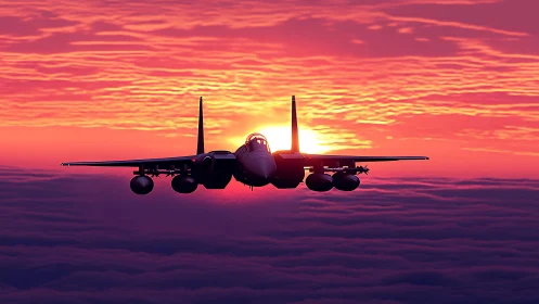 Jet fighter silhouette intersects a saturated digital sunset sky