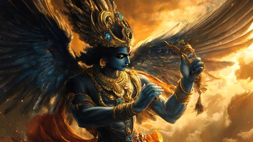 Winged celestial warrior in golden stormlit sky, jeweled armor