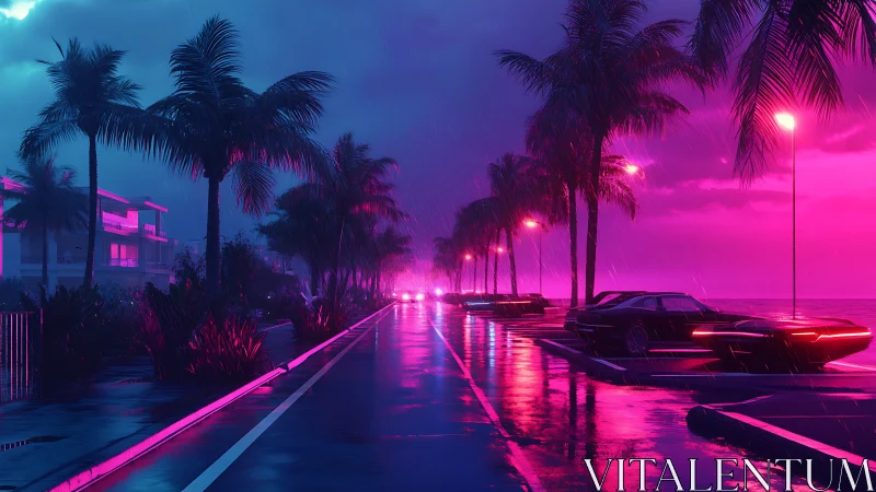 Neon storm lights soak a retro coastal boulevard in rain