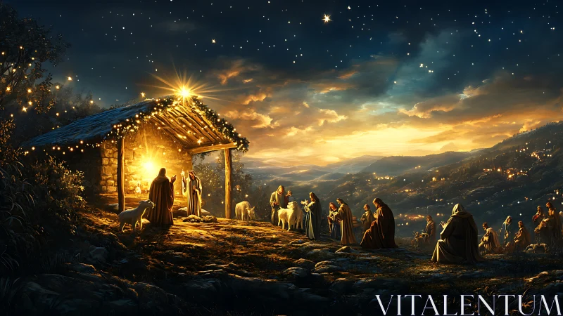 Starlit hillside nativity gathers warmth beneath glowing skies