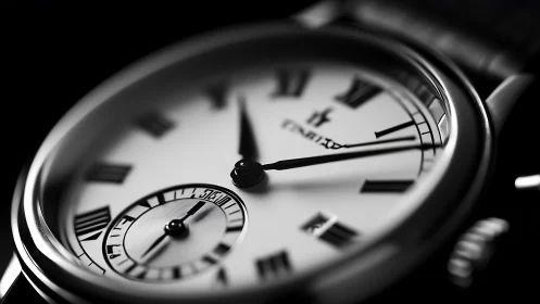 Roman numerals whisper in a monochrome luxury watch closeup.